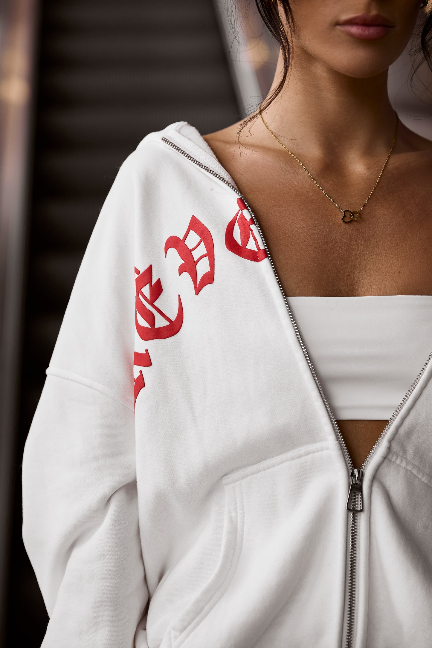 White Oversized Logo Zip Up Hoodie