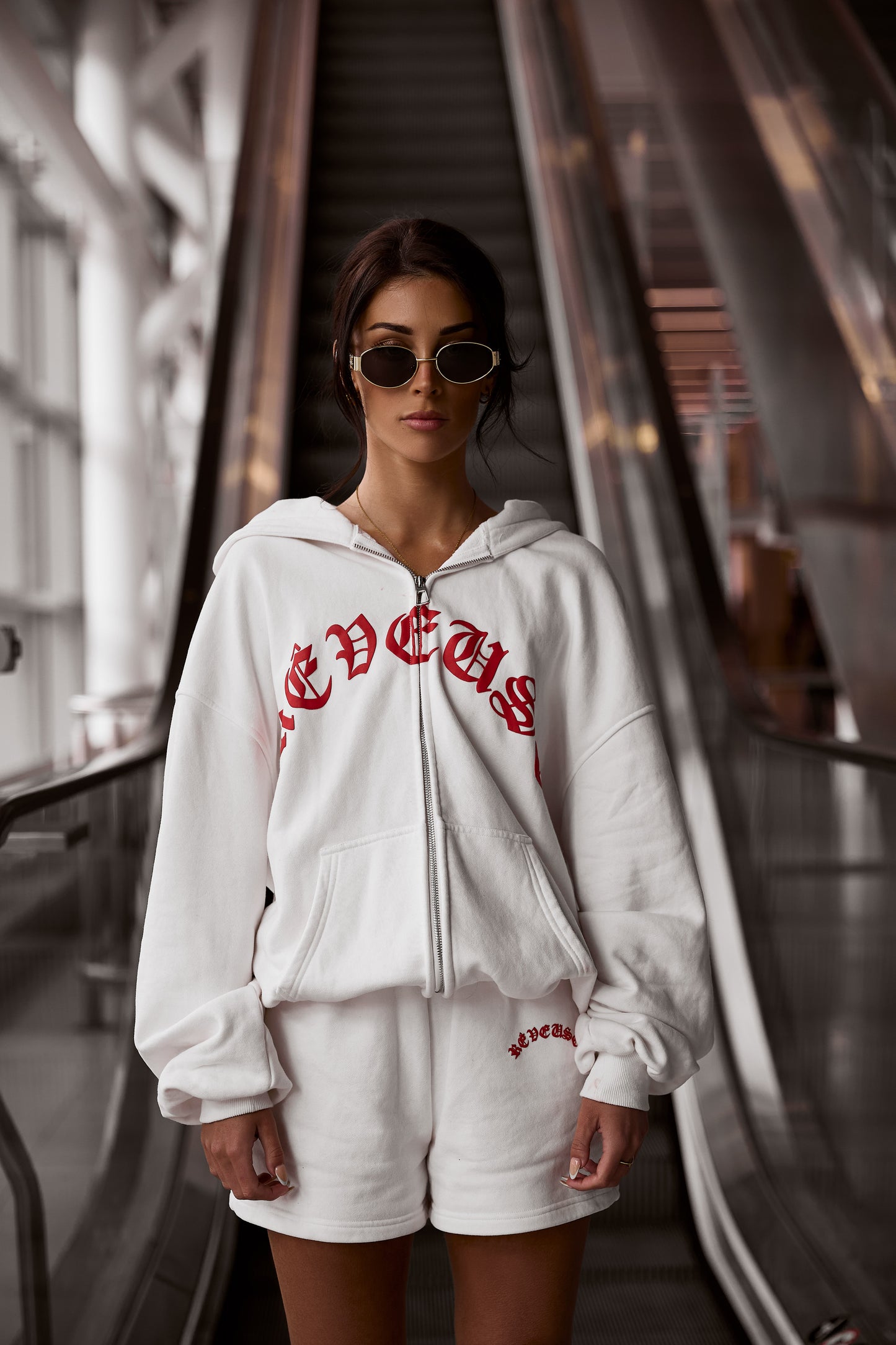 White Oversized Logo Zip Up Hoodie