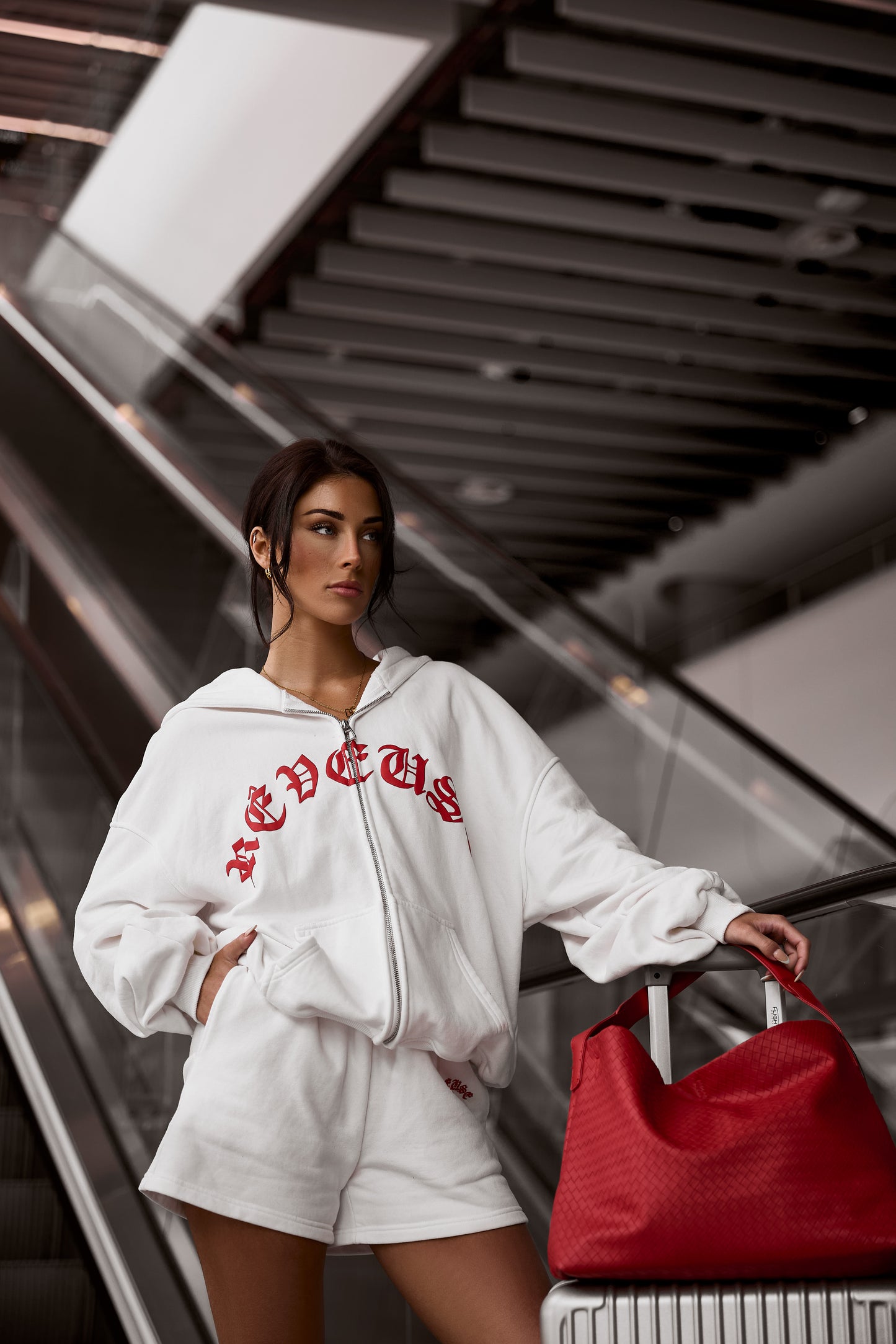 White Oversized Logo Zip Up Hoodie